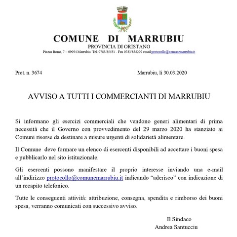 AVVISO A TUTTI I COMMERCIANTI DI MARRUBIU - EMERGENZA SANITARIA COVID 19.